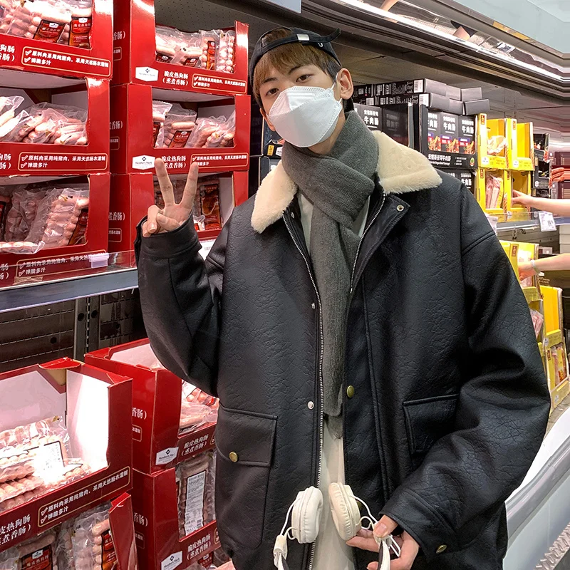 Winter Jacket Men Warm Fashion Thickened Leather Jacket Men Streetwear Korean Loose Thick Short Coat Mens Parker Clothes M-2XL