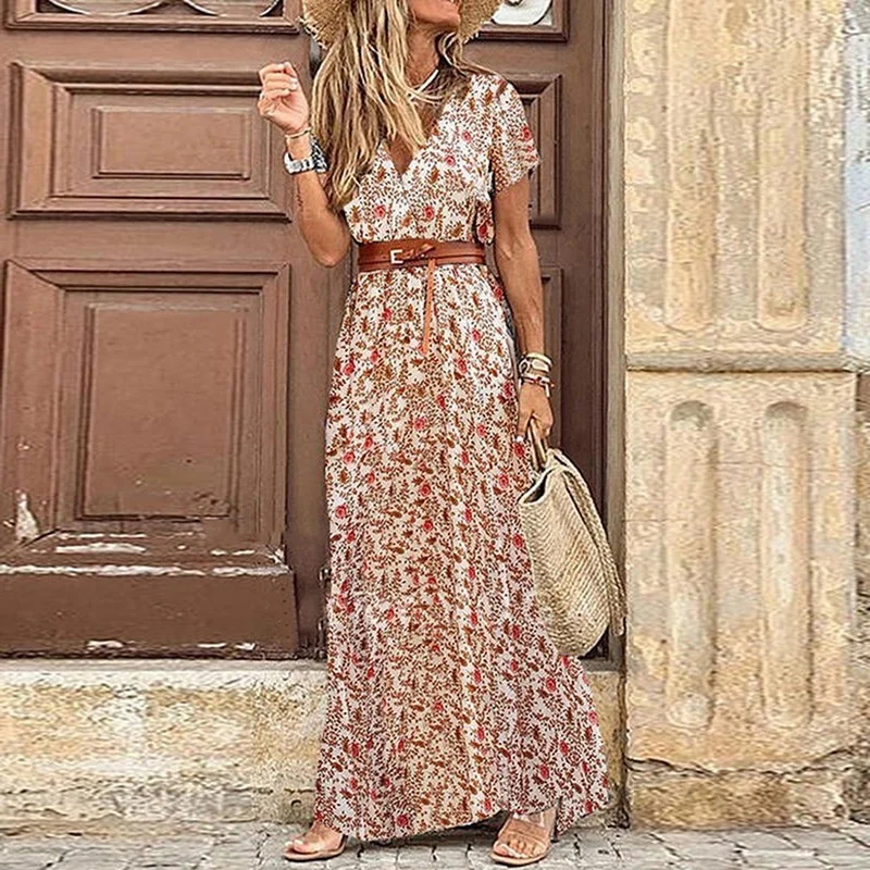 

Boho Paisley Print Dress Women Elegant V Neck Short Sleeve Belt Large Hem Long Dress 2023 Summer Vintage Beach Party Maxi Dress
