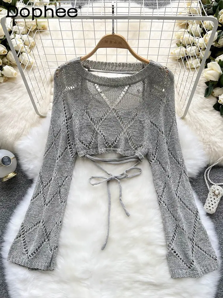 

Fashion Design Hole Soild Color Casual Coat Women's New Hollow Backless Strap Short Knitted Top Female 2022 Autumn