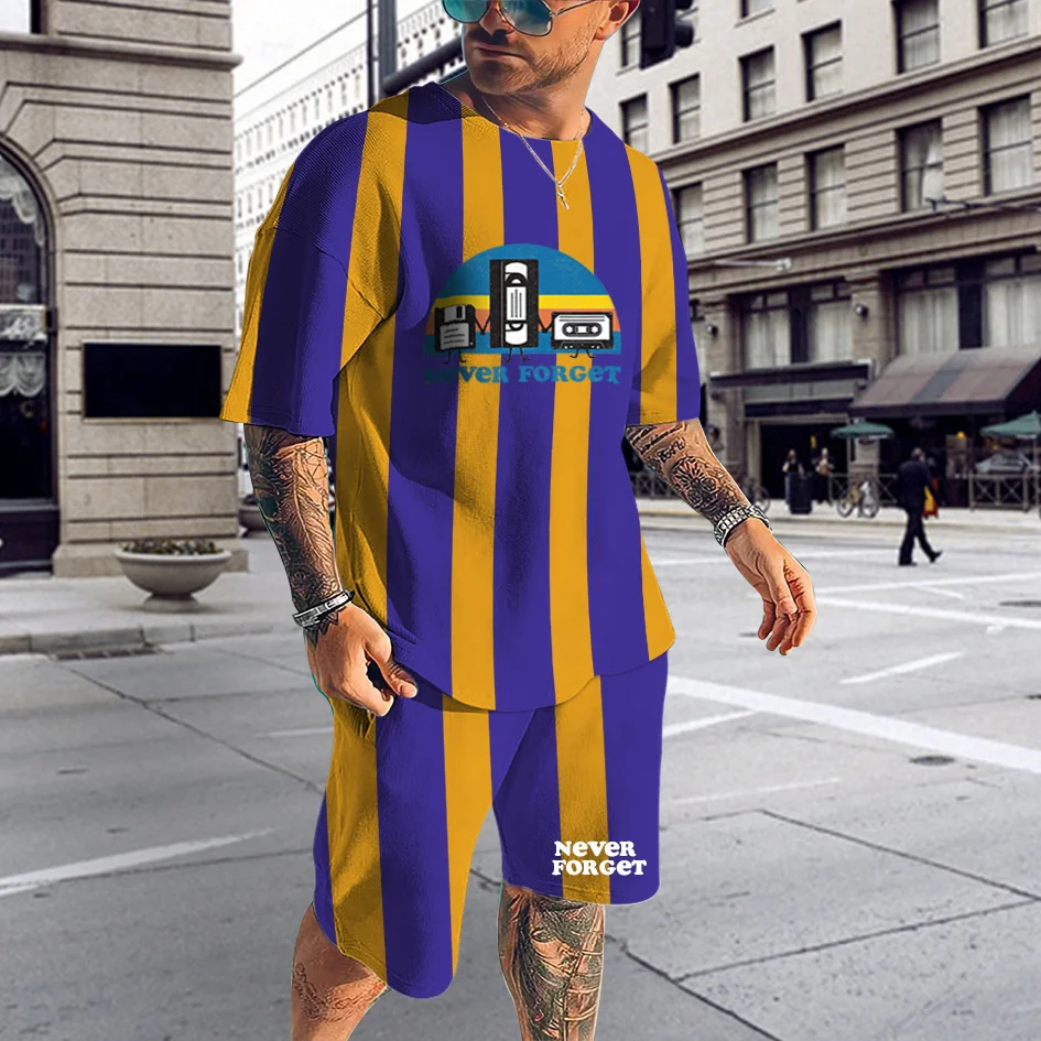 

NEVER FORGET Summer Short Sleeve Suit Men's T Shirt Shorts 3D Printed Striped Music Pattern O Neck Casual Top 2 Piece Breathable