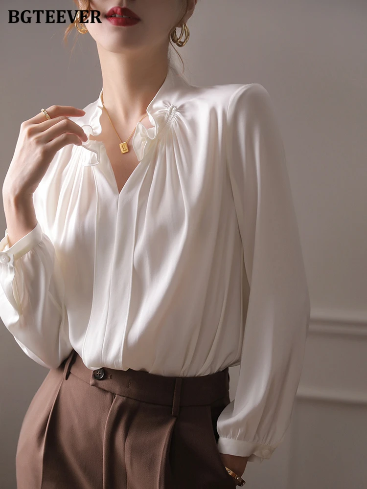 BGTEEVER Elegant Loose V-neck Women Shirts Tops 2022 Spring Summer Long Sleeve Ruffles Female Blouses Ladies Blusas