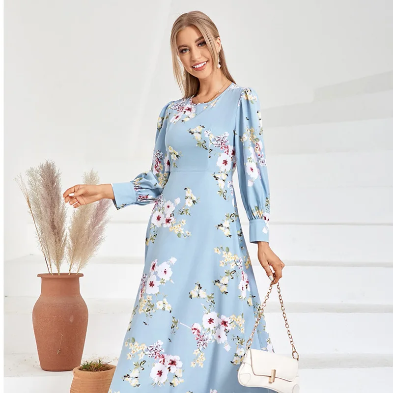

Wepbel Bohe Dress Women O-neck Long Sleeve High Waist Swing A-line Long Dresses Slim Fits High Waist Fashion Floral Dress