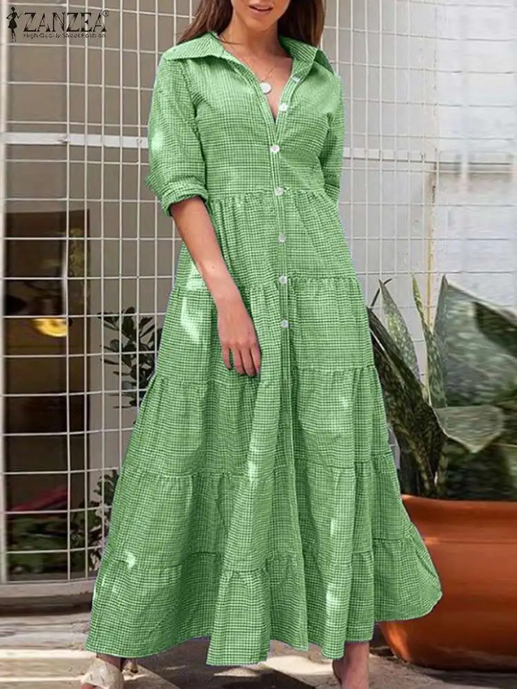 

ZANZEA Fashion Holiday Maxi Long Dress Autumn Elegant Women Plaid Checked Sundress Lapel Neck Half Sleeve Dresses Femme Robe