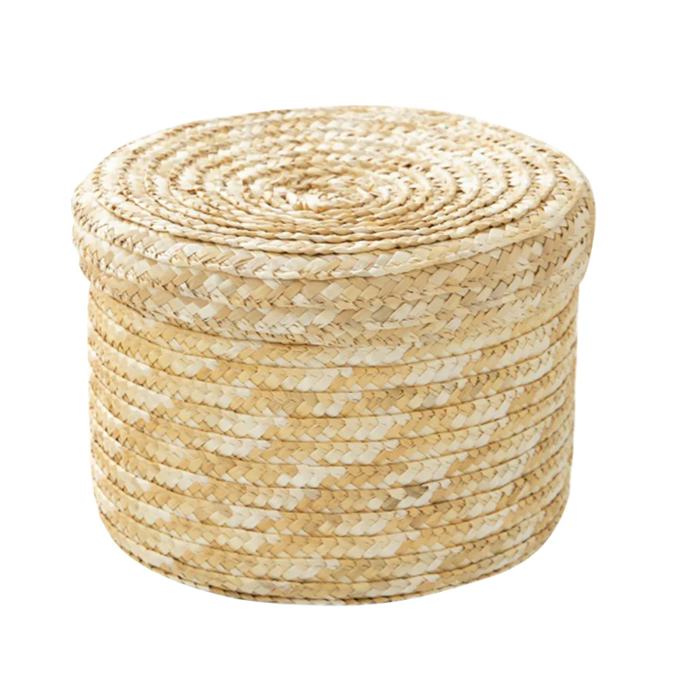 

Storage Basket Straw Bin Woven Wheathandwoven Organizer Desktop Small Round Baske Home Box Kids Holder Crochet Wicker Shelf