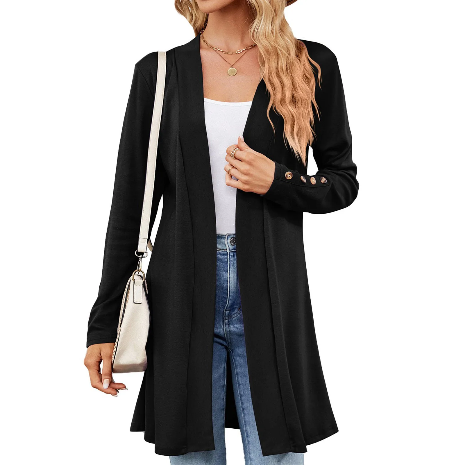 

Однотонный женский длинный кардиган на пуговицах, хлопковый свитер с длинным рукавом, кардиганы, Осенний Свободный Топ с открытым стежком и длинным рукавом, трикотажная одежда