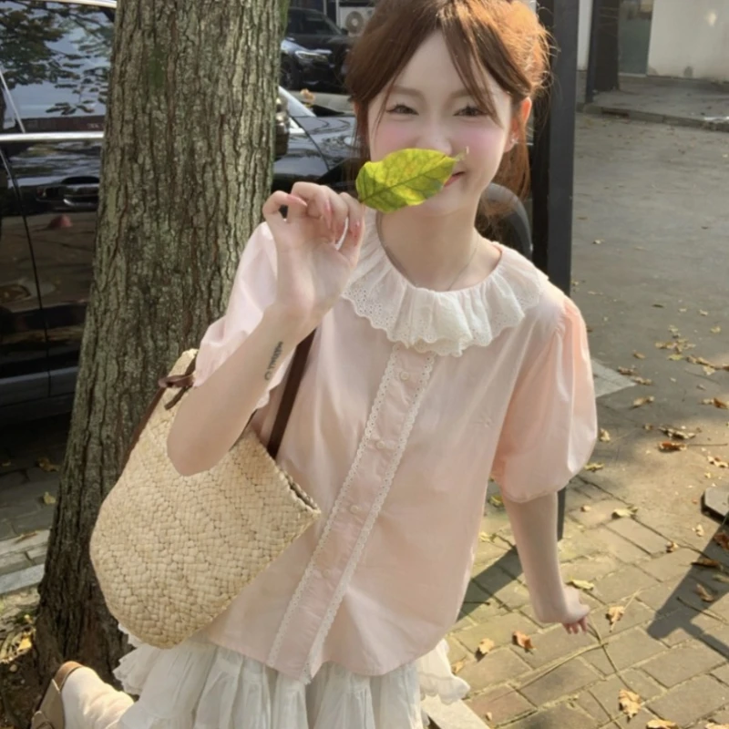 Корейский стиль весна-лето рубашка с короткими рукавами топы кружевная