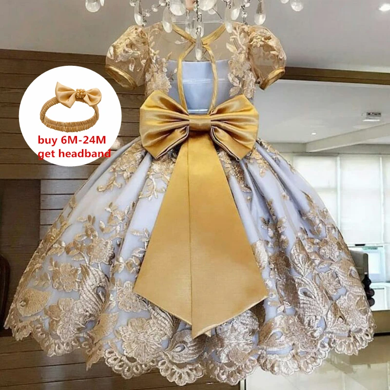 

Girls New Year Dress Backless Bow Elegant Princess Dress for Girls Flower Embroidery Party Ball Gown 0-10Y Kids Birthday Dress