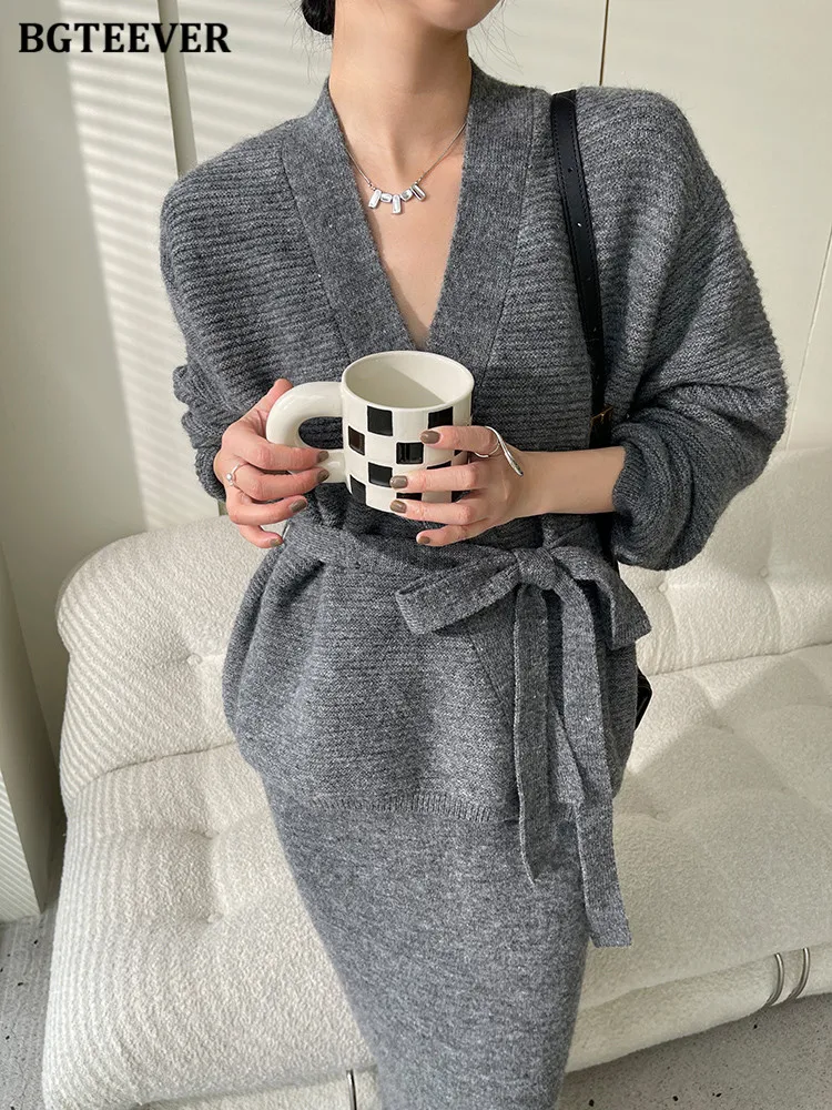 

Женское трикотажное платье BGTEEVER, элегантный кардиган на шнуровке с длинным рукавом и платье-свитер без рукавов на бретелях-спагетти, осень