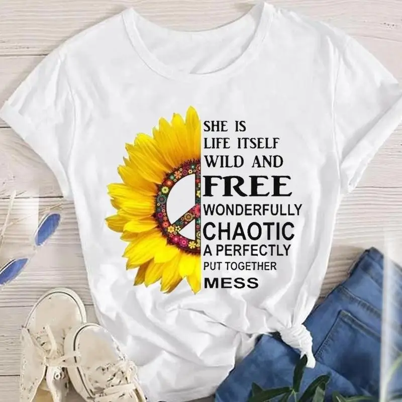 

Футболка женская с цветочным принтом, милая Модная рубашка с коротким рукавом, топ с графическим принтом, на лето
