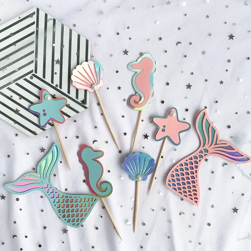 

4 Pack Little Mermaid Tail Shell Starfish Seahorse Cake Decor Baby Shower Birthday Party Decor Paper Cup Wedding Supplies