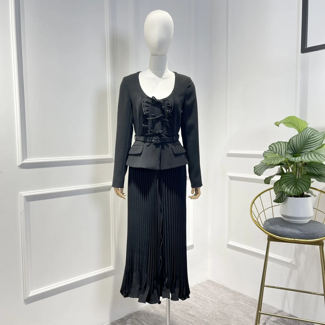 

Black Dress Women 2022 Autumn High Quality Ruched Faux Two-piece Long Sleeve Pleat OL Style Clothes