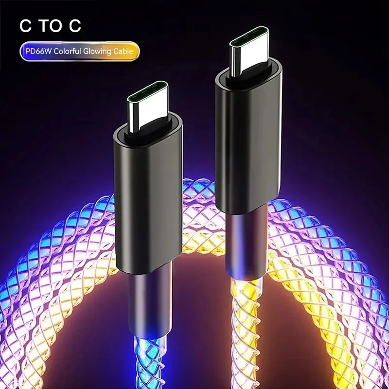 Кабель для быстрой зарядки 6А Iphone 15 Pro Huawei Samsung Rgb дышащий светящийся градиентный