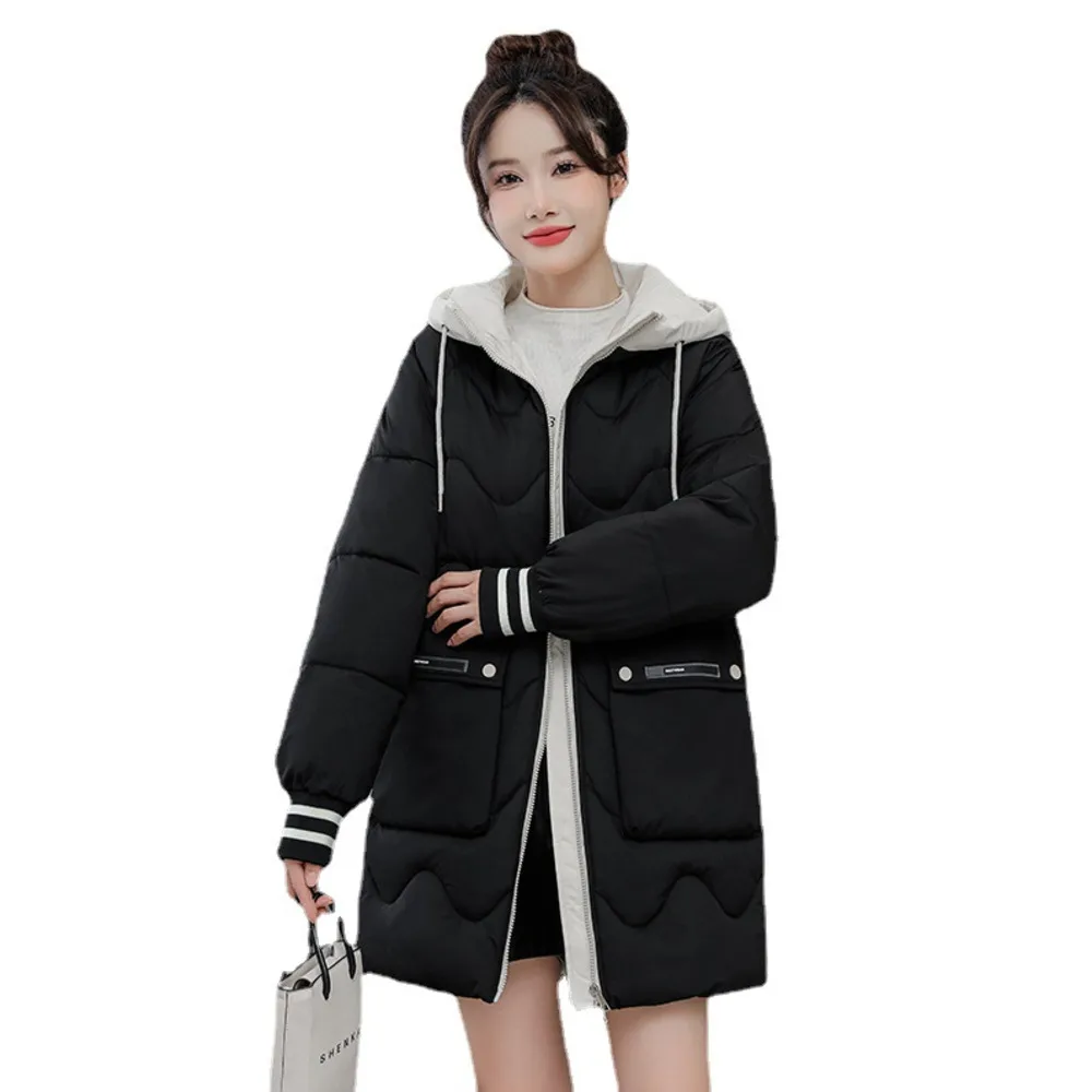 Warm and windproof medium long hooded cotton padded jacket for women 2022 winter new Korean casual fashion stand collar down