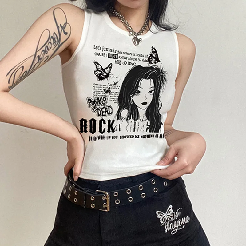 

Укороченный топ с винтажным принтом головы и портрета, Женская майка Y2k, одежда без рукавов, Детские футболки, уличная одежда, белые укорочен...