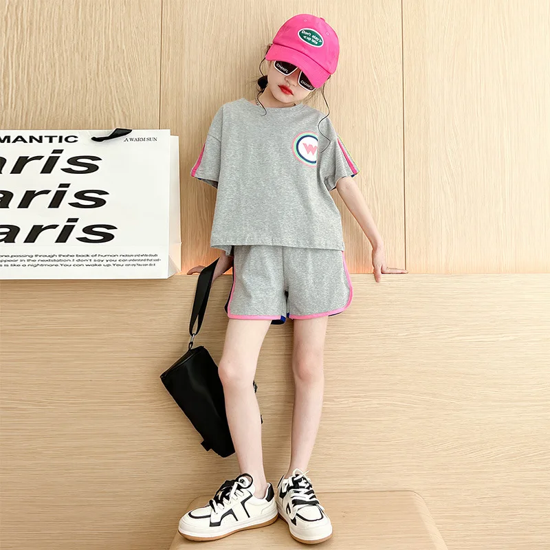

Summer Girls Cotton Colored Stripes Short-Sleeved t-Shirt Tops+Short Pant Set School Kids Tracksuit Child Jogging Outfit 3-16Yrs