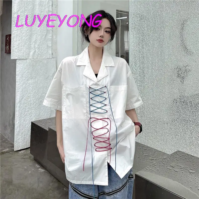 

Korean Fashion Clothes Harajuku Lady Lace-up Design Short Sleeve Turn Down Collar Shirts White Female Street Casual Shirt