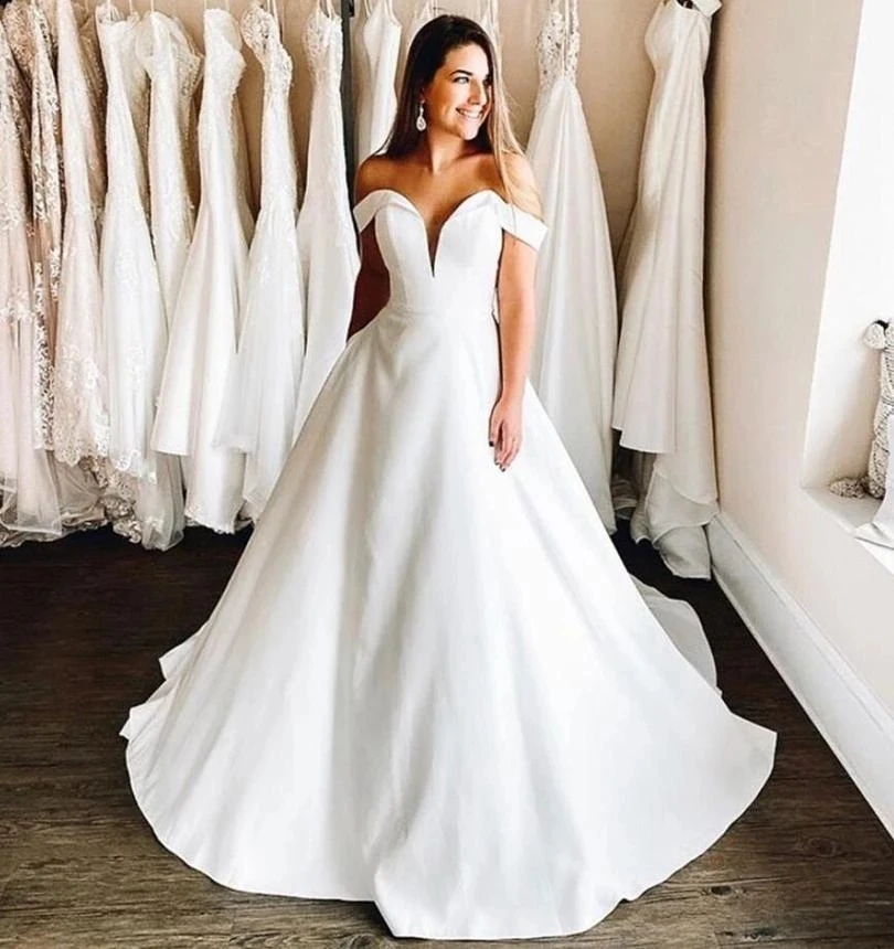 

ANGELSBRIDEP Off-Shoulder Ball Gown Wedding Dresses Robe de mariee Sexy Sweetheart Satin Court Train Formal Bride Gowns HOT