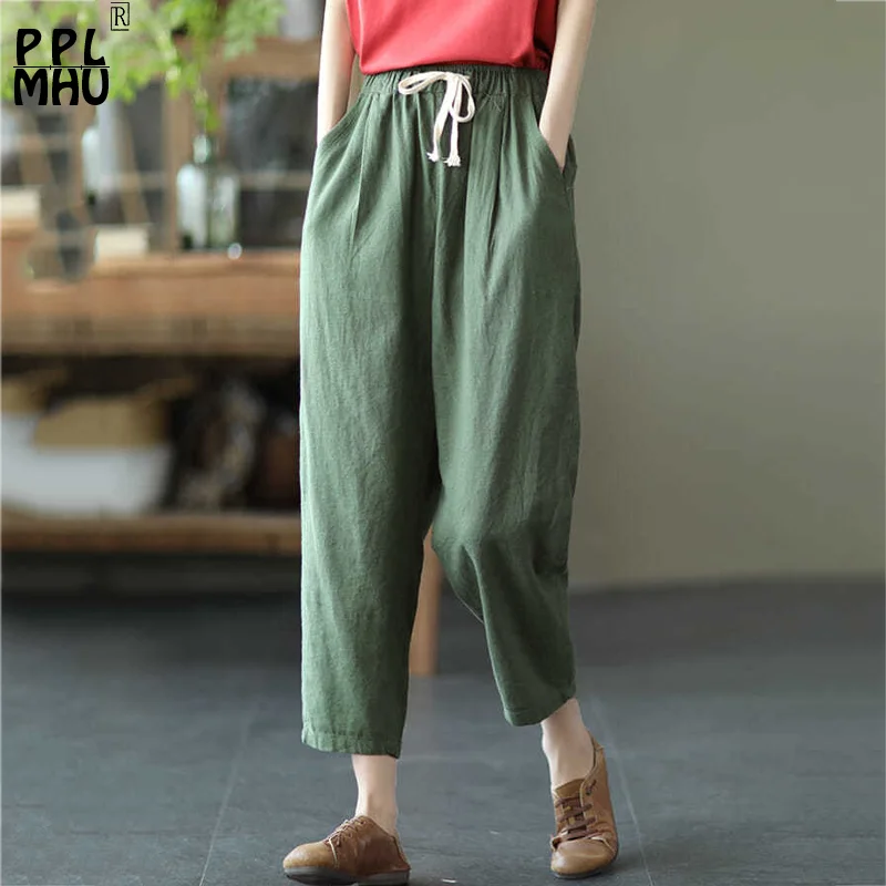 

Summer Thin Casual Harem Pants Women Oversize 4XL Elastic High Waist Cotton Linen Bloomers Ankle Length Baggy Pantalones Mujer