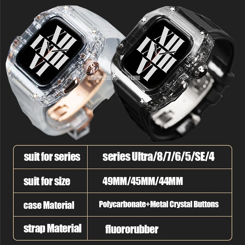 Transparent Mod Kit Case For Apple Watch 49mm 45MM 44MM Fluororubber Band For iWatch Series Ultra 8 7 6 5 4 SE Silicone Strap