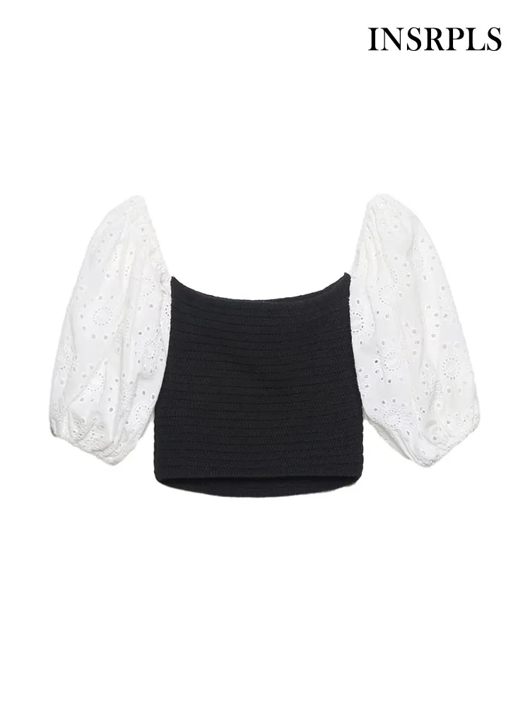 

INSRPLS Women Fashion Cutwork Embroidery Knit Crop Blouses Vintage Straight Neck Lantern Sleeve Female Shirts Blusas Chic Tops