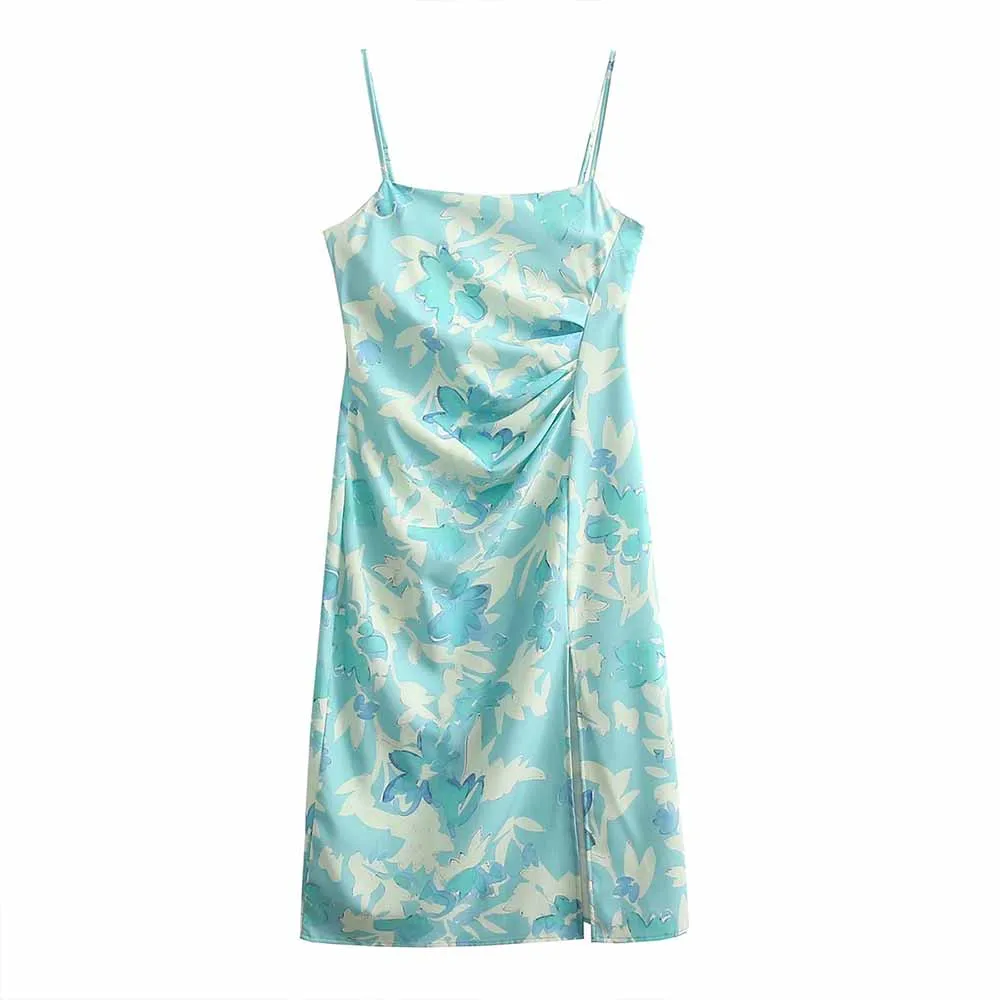 

URMASZA 2022 women's spring and summer new fashion print slit pleated adjustable shoulder straps midi dress