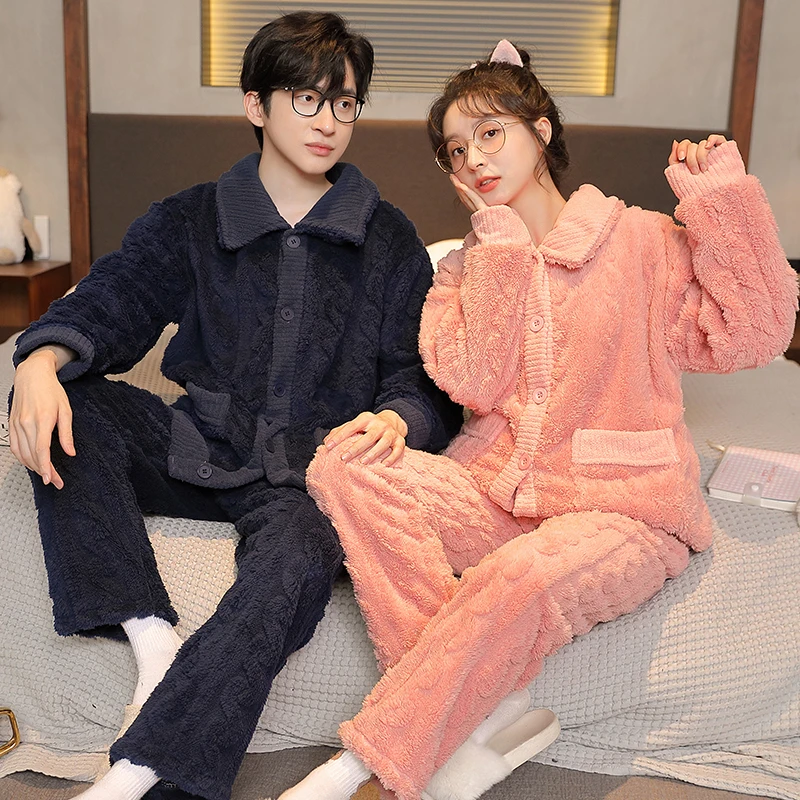 Winter Warm Couple Pajamas Man Women Fashion Thick Sleep Wear Solid Color Home Clothes Sleepwear
