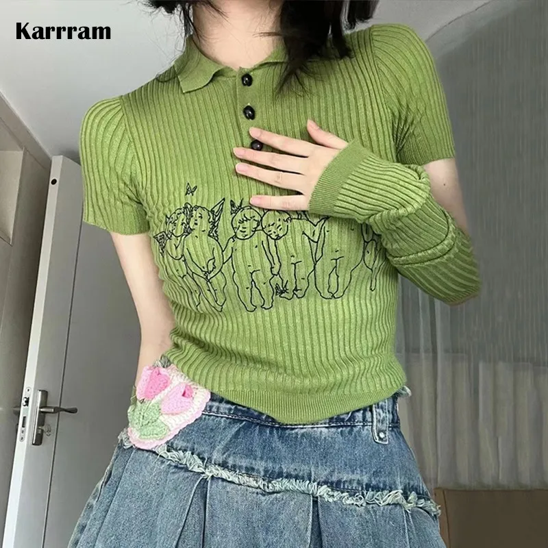 

Трикотажный пуловер Karrram Fairycore Y2k, эстетичный женский джемпер в рубчик с отложным воротником, тонкие винтажные Топы гранж 00s
