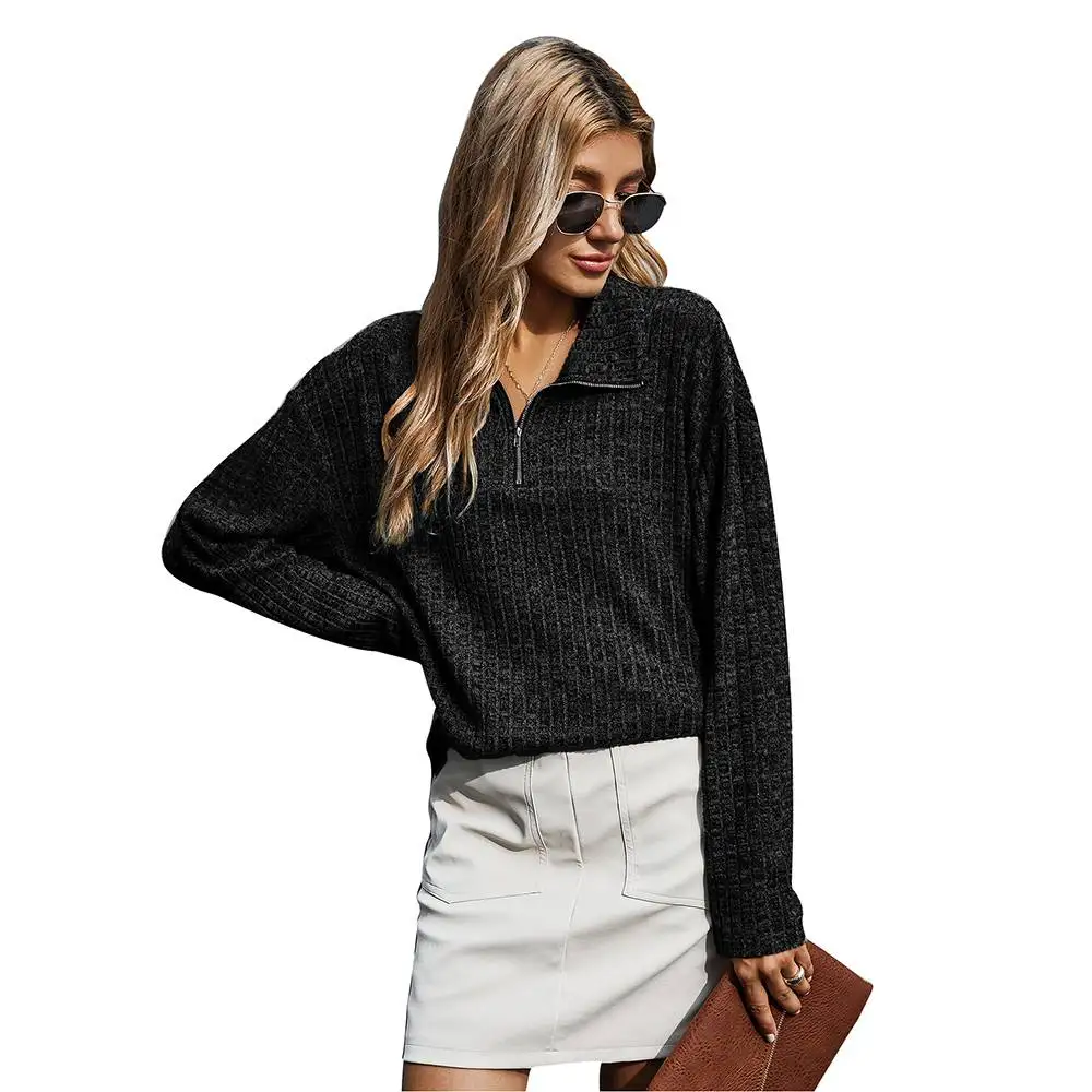

Winter Vintage Women Lapel Sweatshirt Autumn Zipper Warm Female Tops Solid Color Ladies Outerwear Long Sleeve Chic Pullover