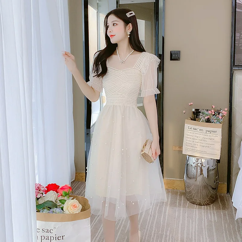 

COIGARSAM Long Dress Women Summer 2022 New French Style Cute Mesh Pink Apricot White Dresses Dropshipping