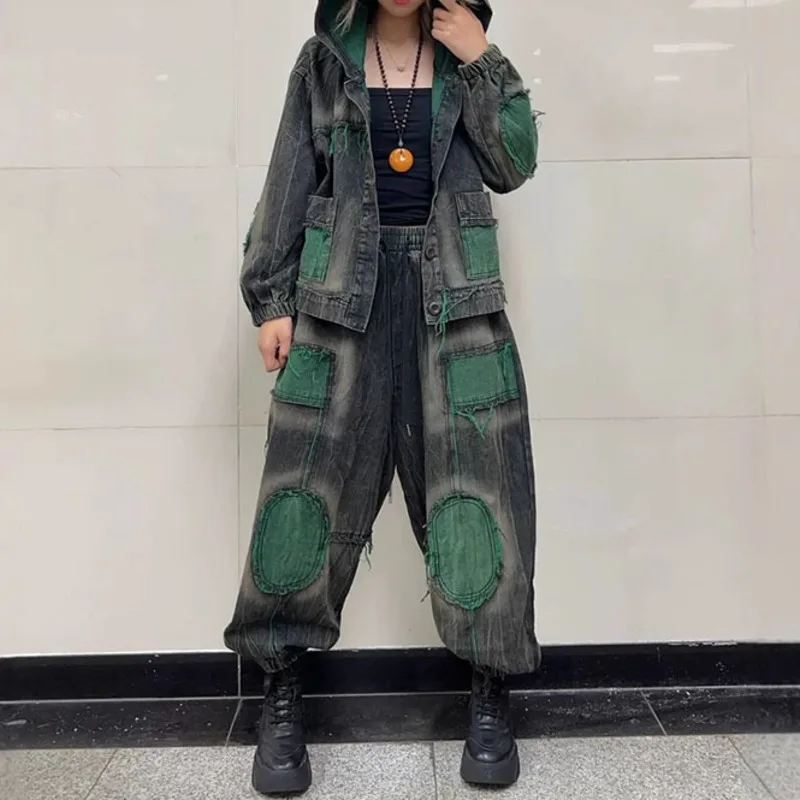 Женский джинсовый комплект из 2 предметов DEAT Свободное пальто с капюшоном