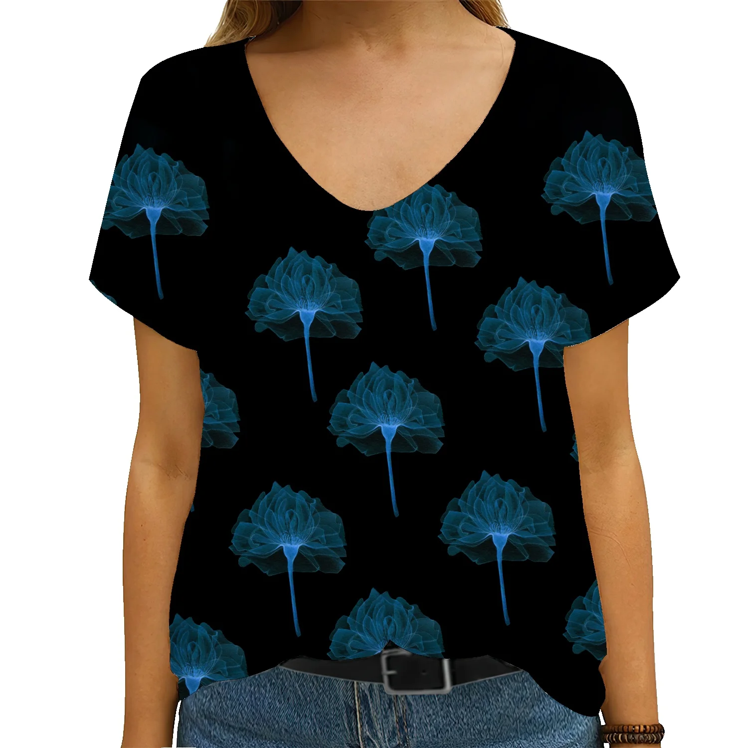 

Женская футболка в европейском и американском стиле, Повседневная футболка из полиэстера с 3D цветочным принтом и V-образным вырезом, Женски...