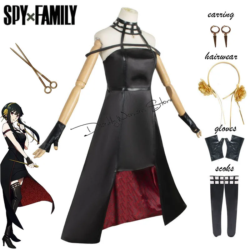 

Anime Spy Family Yor Forger Cosplay Killer Assassin Gothic Halter Black Dress Outfit Cosplay Costume with Leather Stockings Prop