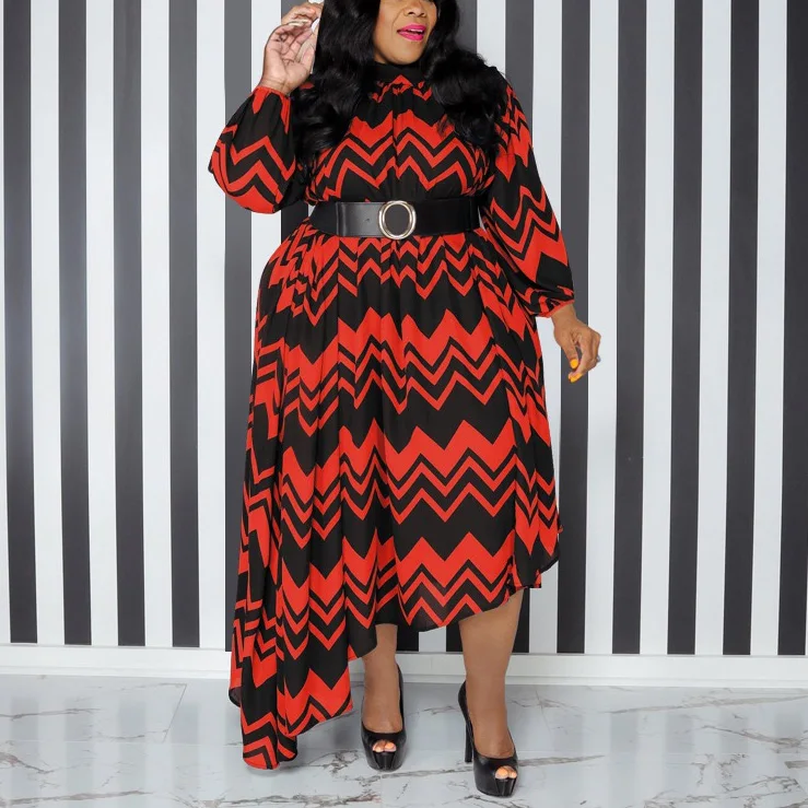 4XL 5XL Plus Size Dresses for Women Geometric Printed Ful Sleeve High Waisted Asymmetric Loose Mid Calf Large Party Birthday Big
