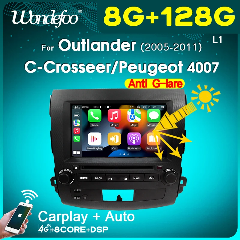 Автомагнитола Wondefoo 2 din Android 11 для Mitsubishi Outlander Xl Citroen C-Crosser Peugeot 4007 2005-2013 с экраном