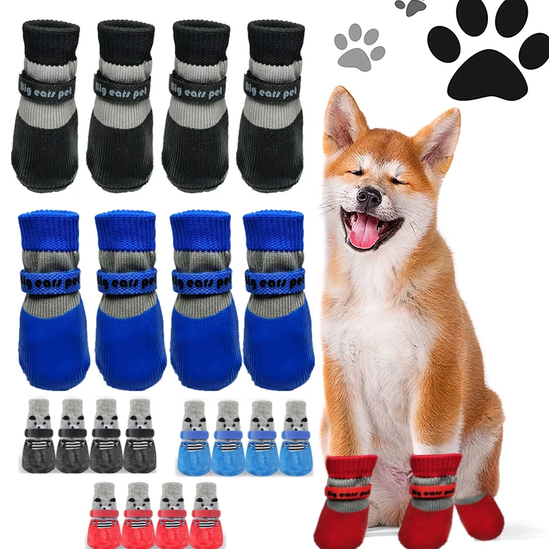 

4pcs/set Dog Socks Outdoor Anti-Slip Waterproof Paw Protector with Adjustable Straps Rubber Socks for Hardwood Floors Indoor