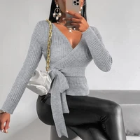 womens 2021 fallwinter fashion casual v neck lace long sleeve slim knit sweater sweater side strap pullover short sweater