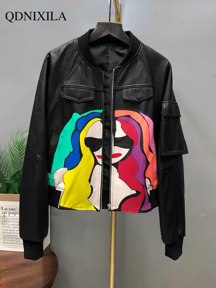 Sheepskin Coat for Women Graffiti Colorful Beauty Figure New Outerwear Leather Jacket Loose Leisure Coat Women's Bomber Jacket
