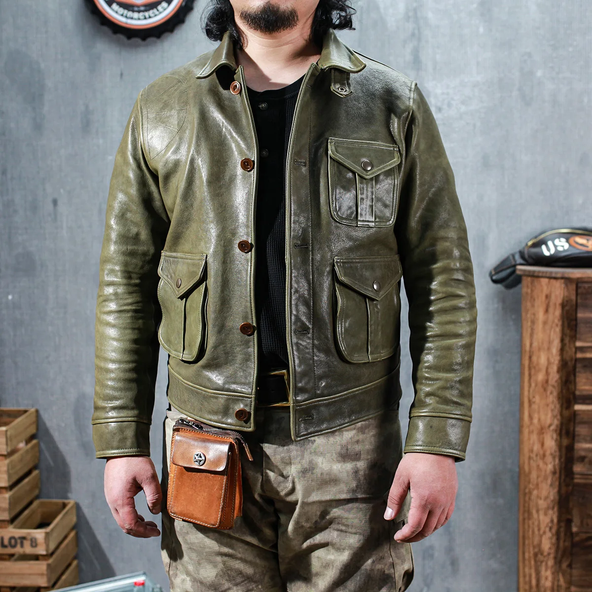 

Итальянская растительная дубленая Неокрашенная овчина с несколькими карманами кривая охотничья куртка Мужская винтажная кожаная куртка