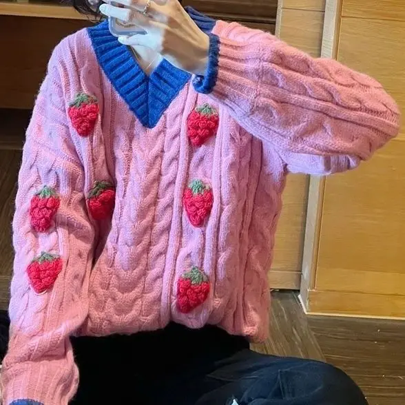

Женский трикотажный свитер с длинными рукавами, Свободный пуловер ярких цветов с V-образным вырезом, модель H93 в Корейском стиле на осень, 2022