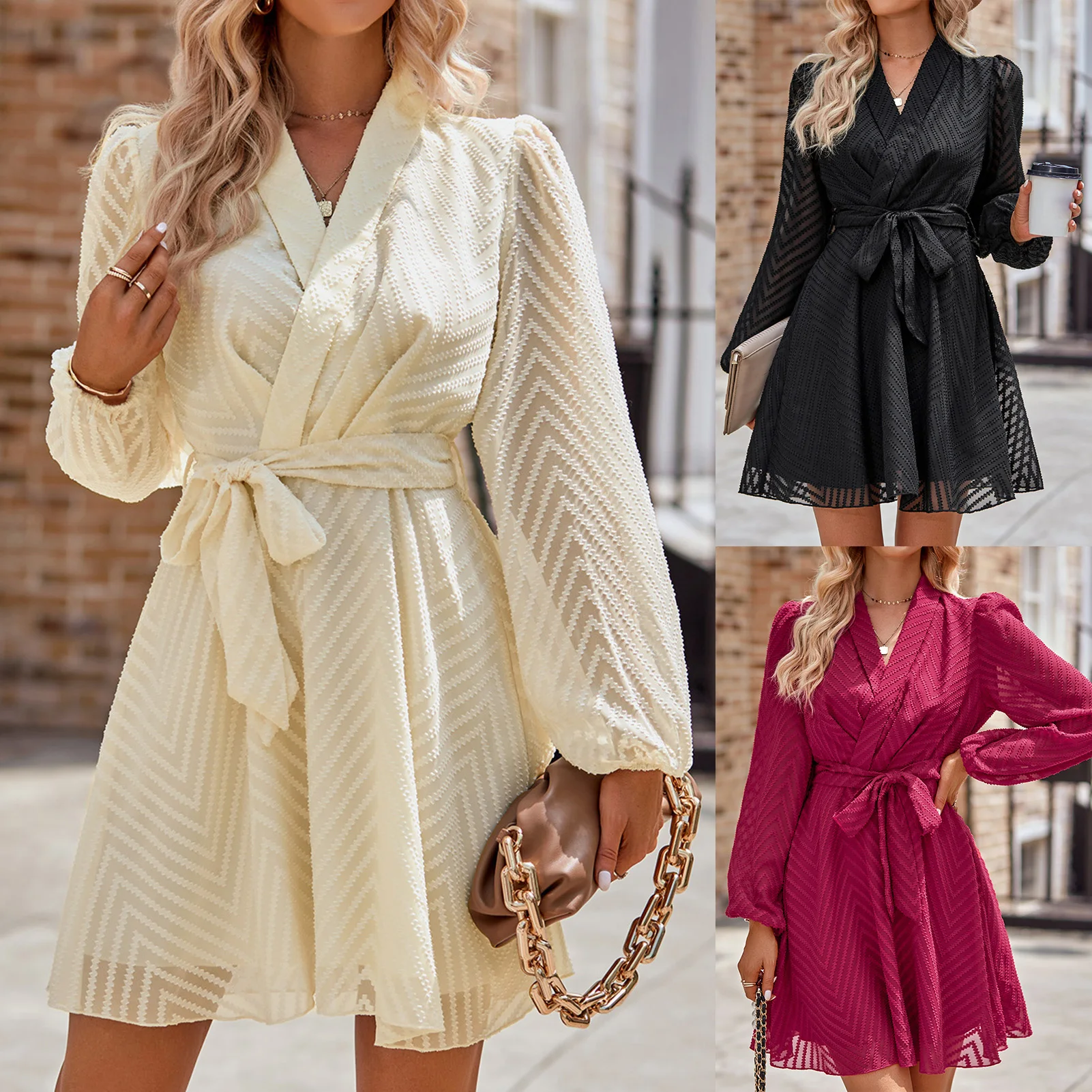 

Solid Color Lapel Collar Mini Perspective Dress V Neck Women Elegant Dress Lace Up Double Layer Casual Style Vacation Outfit