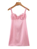 yenkye 2022 women fashion backless lace trim sling pink sexy dress romantic ladies satin short dress summer robe