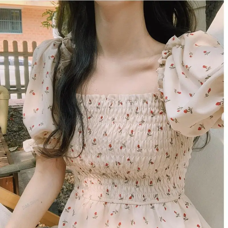 

NEW Korean Retro Cute Harajuku Clothes Square Collar Chiffon Floral Dress Kawai A Line Vestido Black Mini Vestidos Verano