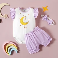 summer baby girl clothes set cotton cartoon moon star flying sleeve topsshort pantsheadband 3 pcs sets infant clothes 0 18m