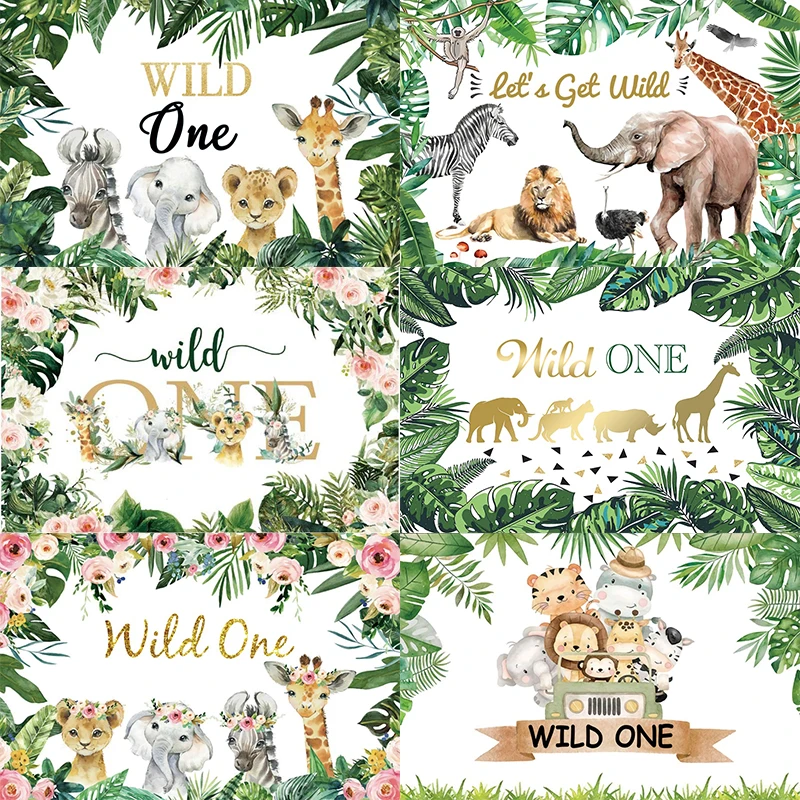 

Jungle Wild One Backdrop Kids Jurassic Animal Forest Safari Boy Happy Birthday Party Photography Background Photographic Banner