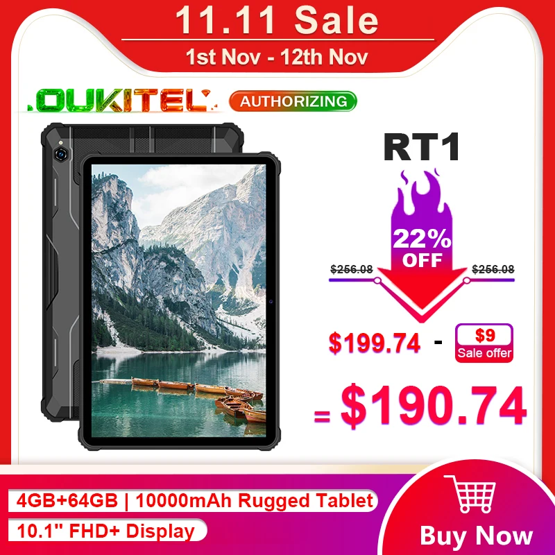 Tanie OUKITEL RT1 10000mAh Bateria IP68/69K Tablet Z Gumowaną Obudową 10.1 ''FHD + Wyświetlacz 4GB + 64GB Octa Core Android 4G Tablet Z Funkcją Telefonu PC