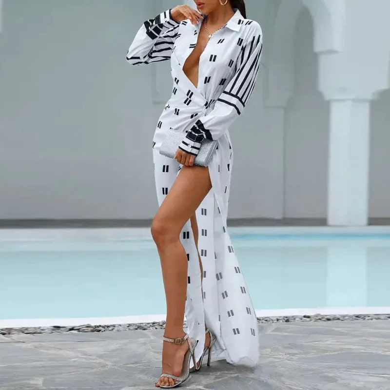 

Women's Clothing Elegant Sexy Print Deep V Slit 2022 Autumn Winter New Long Sleeve Dress Long Maxi Dress