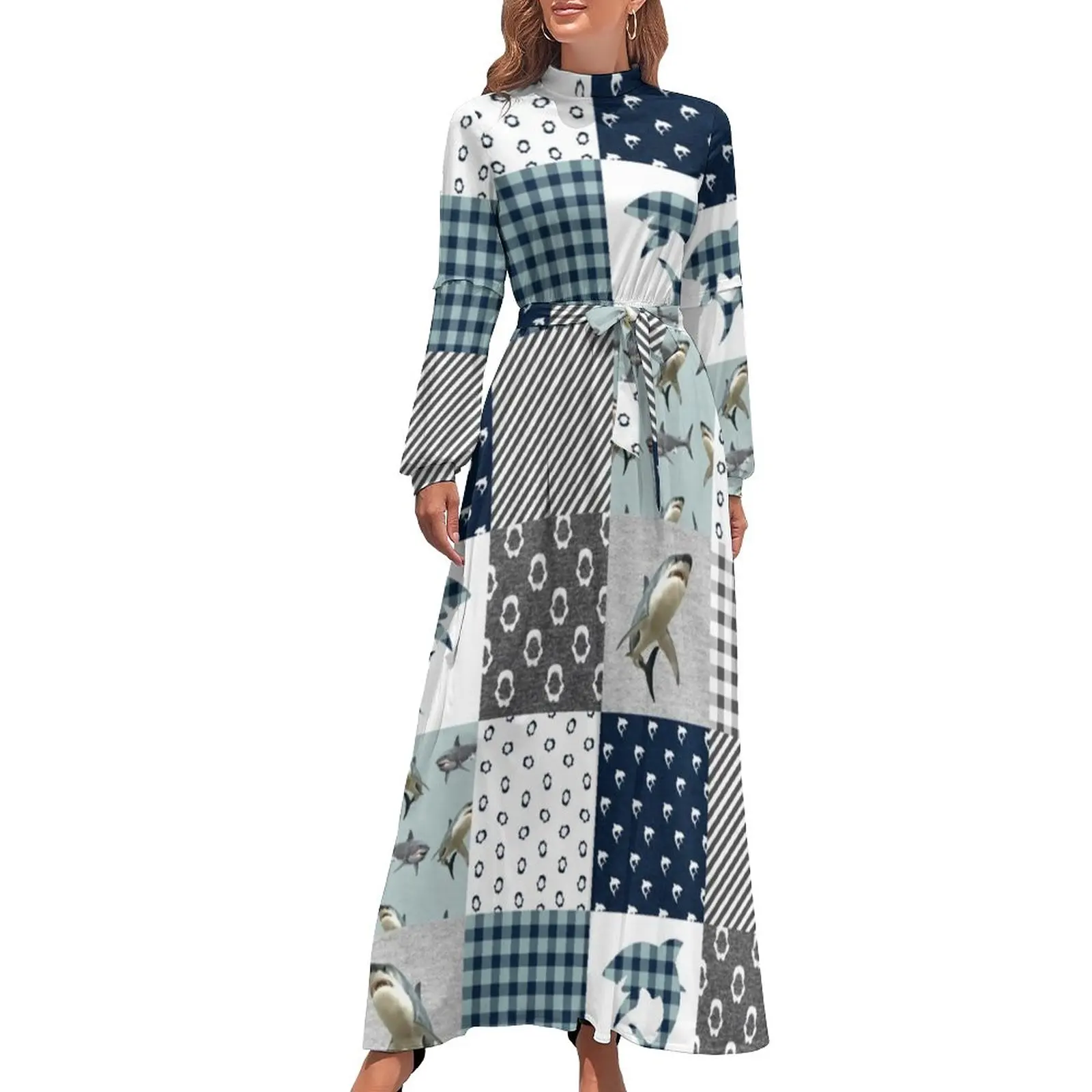 

Funny Shark Print Dress Animal Checkerboard Street Wear Boho Beach Dresses Women Long Sleeve High Waist Sexy Long Maxi Dress