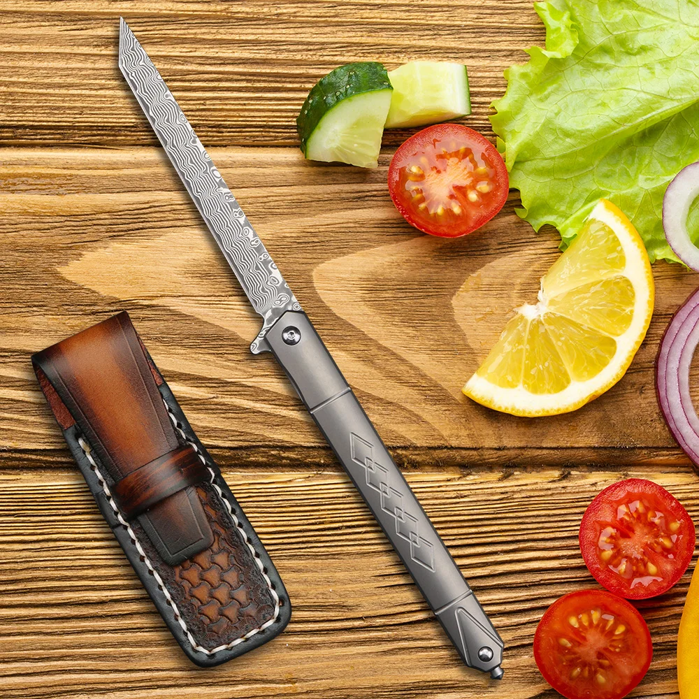

Damascus Steel folding knife High hardness knife with titanium handle Camping fruit peeler knife includes holster