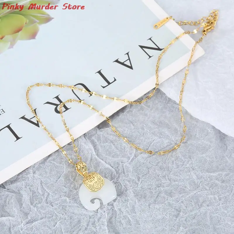 

New Vintage White Hetian Jade Elephant Pendant 18K Gold Plated Chain Necklace Stainless Steel Sapphire Choker Jewelry for Women