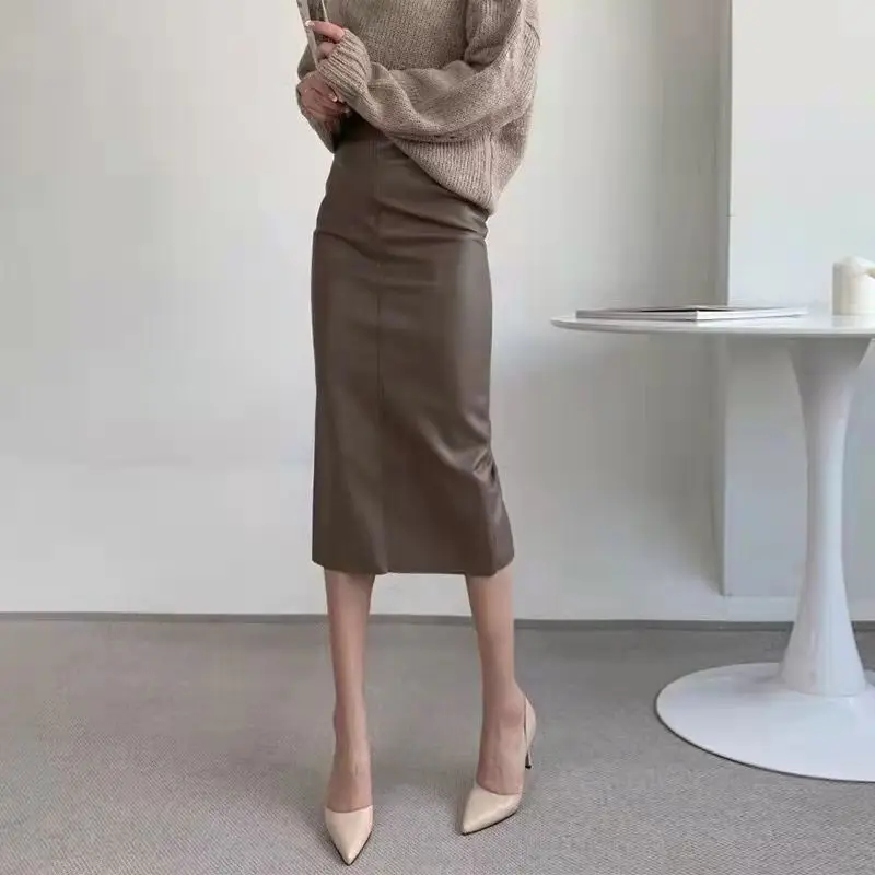 

Pu Faux Leather Midi Back Slit Straight Skirt Korean Wild Sexy Tight Sukienka Black Brown Zipper Women Office Lady Saia X113